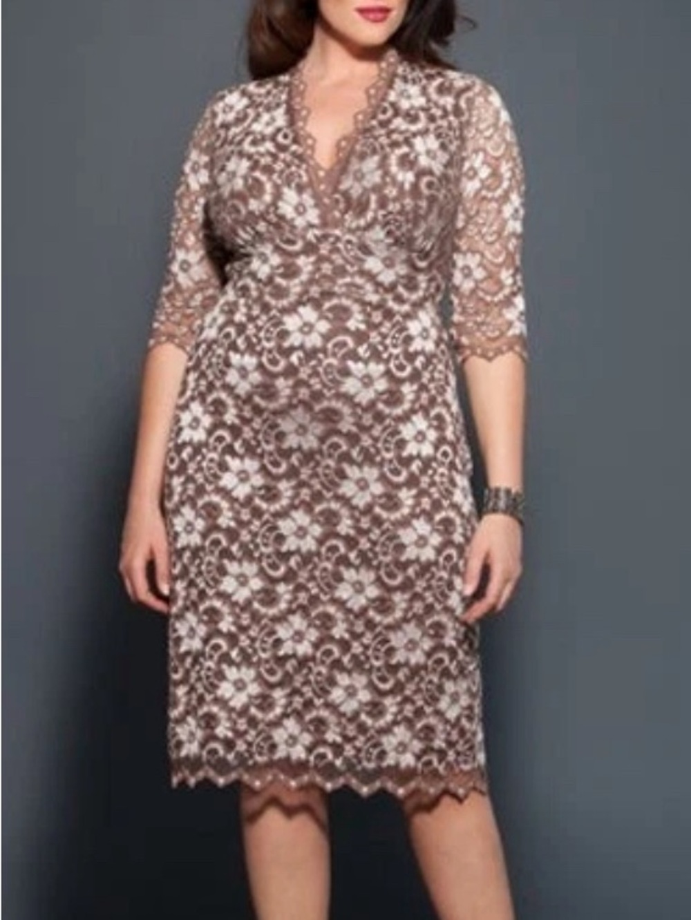 Worn once 1X Kiyonna tan nude lace boudoir v neck dress